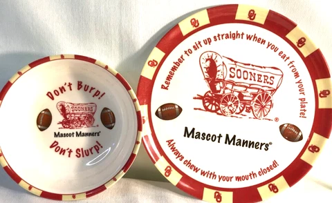 Vintage Oklahoma Sooners child's Mascot Manners plate and bowl melamine plastic Cover