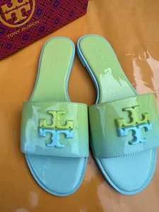 NIB Tory Burch Everly Slide Flat Soft Patent Leather Celeste Ombré W Logo Sz 7 - Picture 1 of 12