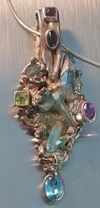 Geode Pendant Citrine Amethyst Aquamarine Crystals W/silver Handcrafted 2.5"Long - Picture 1 of 14