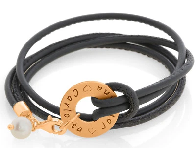 Lederarmband gewickelt Anhänger Gravur rosé vergoldet Namensarmband Perle Damen - Bild 1 von 3