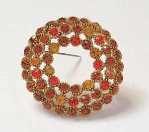 VINTAGE 1950s 60s SPARKLING CRYSTAL BROOCH GOLDEN AMBER TANGERINE CITRINE COLORS - Picture 1 of 9
