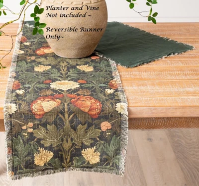 NEW PRIMITIVE FARMHOUSE TABLE RUNNER FLORAL REVERSIBLE 72"x14" Green Rust Fringe - Image 1 of 4