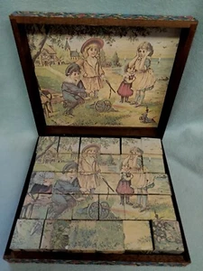 💙 Antik 🍃🥀6-seitiges viktorianisches Kinder-Blockpuzzle-Set in Holzbox🥀🍃 - Bild 1 von 9