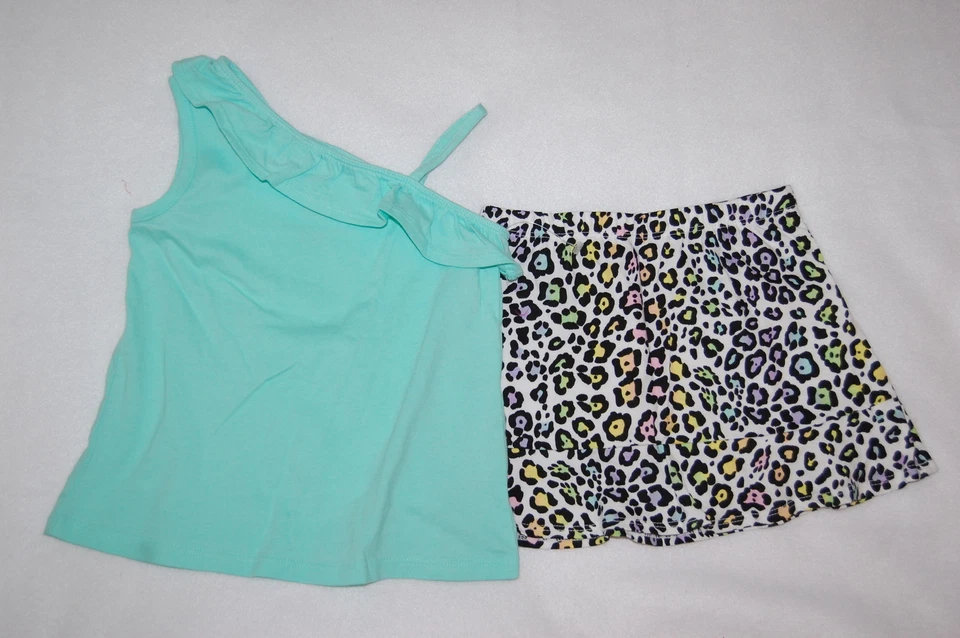Girls Outfit MINT GREEN OFF SHOULDER TANK Ruffled Skirt LEOPARD PRINT Size 4 - Image 1 of 1