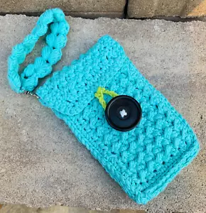 Handmade Crochet Blue Turquoise/Aqua Blue/Green/Cotton/Black Button/Wristlet Bag - Picture 1 of 6