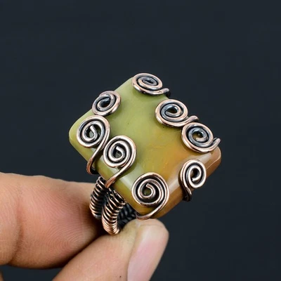 Anillo de joyería envolvente de alambre de cobre con piedras preciosas de jaspe verde tamaño 8,5 regalo para ella N662 Foto 1 de 4