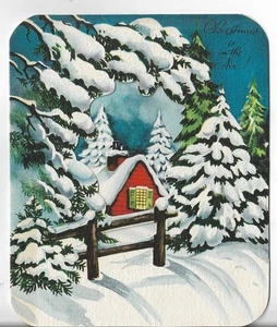 Vintage Weihnachtsgrußkarte 4,75x5,75 rotes Haus umgeben schneebedeckte Bäume - Bild 1 von 3