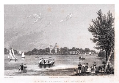 Potsdam Pfaueninsel Stahlstich von Grünewald aus Spiker 1833 Passepartout - Bild 1 von 4