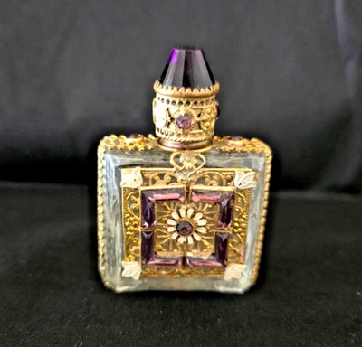 Antique Vintage Perfume Bottle Irice Czech Purple Jeweled Filigree 1920s WOW - Image 1 of 4