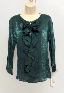 jaipur blouse M Teal shimmer ruffle keyhole neckline plisse pleated 3/4 sleeve - Picture 1 of 10
