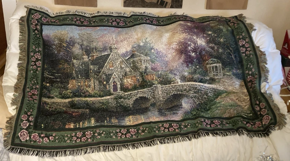 THOMAS KINKADE Fringed Throw Blanket 63" x 42" Bridge Gazebo - Image 1 of 1