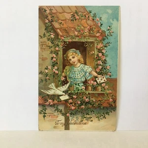 Antique Valentine Postcard Glossy Girl Dove Flower Divided Back 1911 Post 118 - Picture 1 of 9