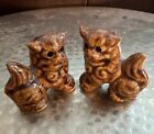 Paire mini poterie céramique émaillée marron Guardian Foo Dogs 2x2 vintage années 1970