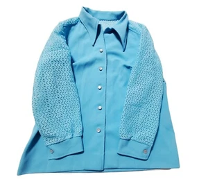 Vtg Sears Fashion Pearl Button Jacket Shirt Blue Dbl Knit Polyester Lace Sleeve - Picture 1 of 12