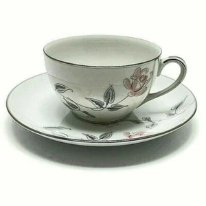 Juego de platillos taza Noritake rosas rosas gris aguamarina hojas platino borde porcelana 287 - Imagen 1 de 8