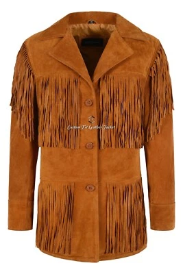 Women Western Fringe Leather Jacket TANGERINE Suede Fringe Real Classic Jacket - Image 1 of 4