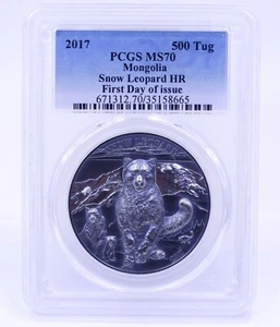 2017 SNOW LEOPARD HR Mongolia 500 TUG PCGS MS70 FDOI 1 OZ 999 Silver Antiqued - Picture 1 of 4