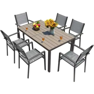 Patio Dining Set 7 Pieces Outdoor Furniture Metal Table w/ 6 Chairs, Light Gray - Picture 1 of 6
