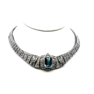 Emerald-Cut Aquamarine Collar Necklace & 6.00ct G SI Diamonds 18K White Gold - Image 1 of 4