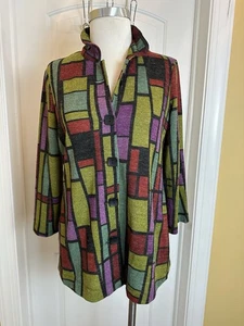 Ali Miles Jacke Pullover geometrisches Muster große Knöpfe künstlerisch Damen Small - Bild 1 von 9
