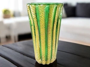Murano Rope Vase Barovier & Toso Cordonato d’ Oro Green Gold Heavy Vtg Art Glass - Picture 1 of 11