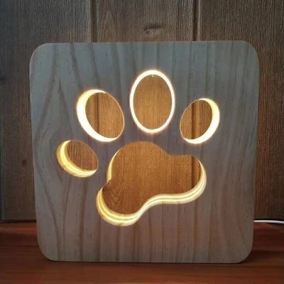 Dog Paw Pattern 5V LED Warm Night light Bedside Lamp Moon Pattern Wood Effect - Image 1 of 4