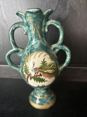 Vtg Fairyland Vase Import Hand Painted Japan Peacock Teal Double Handle 8” - Image 1 of 4