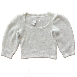 Free People Moonbeam Fuzzy Cropped Ivory Sweater Womens Medium Puffed Sleeves - Picture 1 of 6