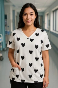 Women’s XXL Heart Print Scrub Top – V-Neck White & Black Pockets Nurse Uniform - Picture 1 of 9