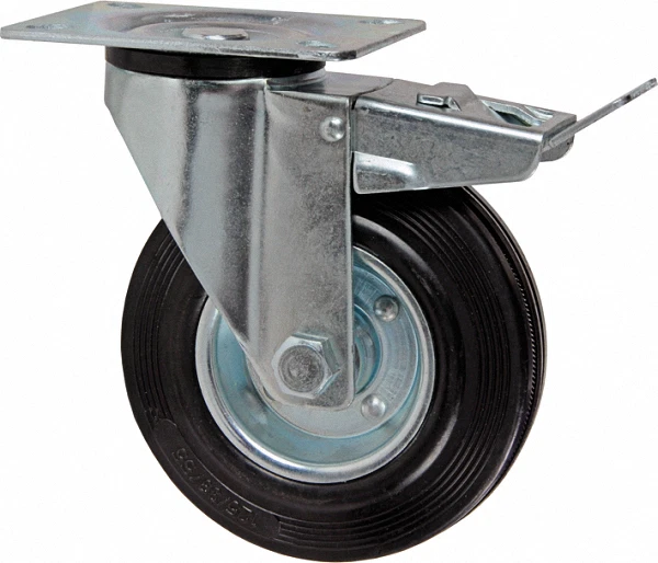 RUOTA GOMMA C/PIASTRA GIREVOLE E FRENO D.200MM MAURER - Immagine 1 di 1