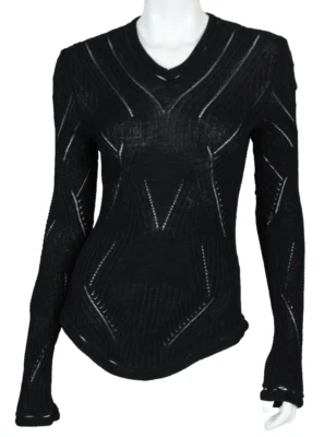 CHANEL 98A 1998 винтажный черный шерсти смесь открытый трикотажа CC детали v-образным вырезом Топ 44 - Изображение 1 из 4