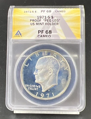1971 S $1 Ike Eisenhower 40% Dollar Coin Peg Leg Variety ANACS PF68 Cameo TONER - Image 1 of 4