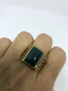 Vintage Golden Stainless Steel Genuine Green Chrysoprase Size 9 Men's Ring - Picture 1 of 5