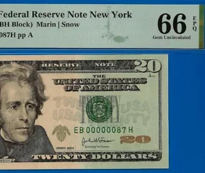 2004 $20 Federal Reserve Note PMG 66EPQ Birthday/Anniversary Fancy Low Serial - Picture 1 of 3