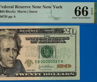2004 $20 Federal Reserve Note PMG 66EPQ Birthday/Anniversary Fancy Low Serial - Image 1 of 3