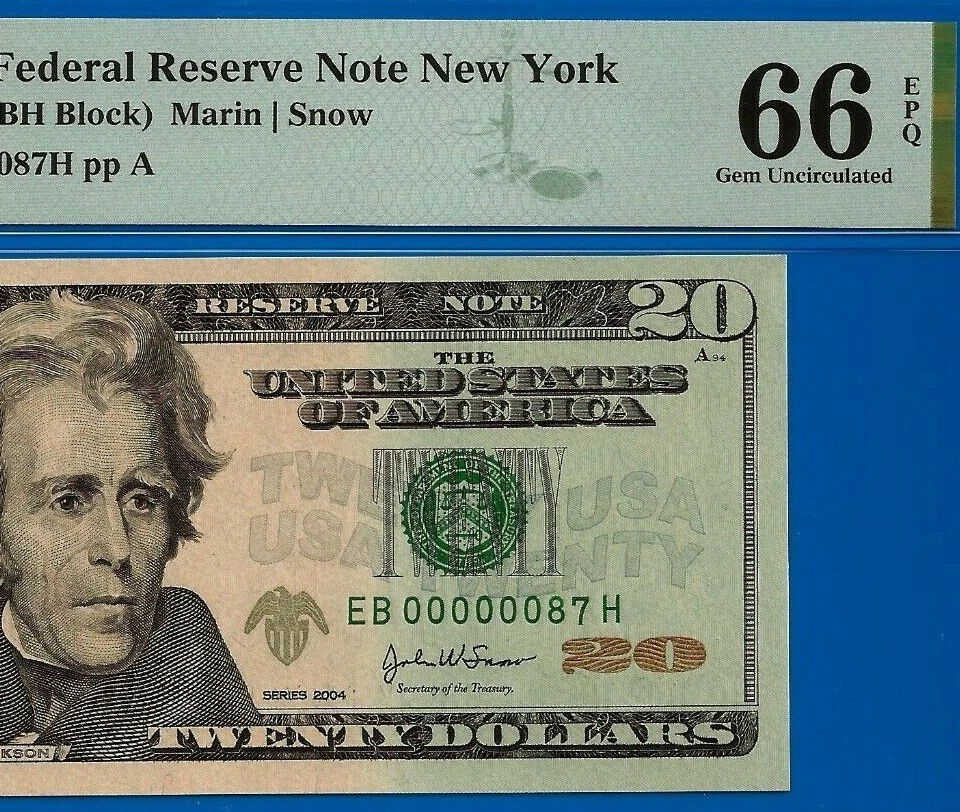 2004 $20 Federal Reserve Note PMG 66EPQ Birthday/Anniversary Fancy Low Serial - Image 1 of 3