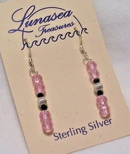 LUNASEA TREASURES PINK w/BLACK CRYSTAL STACKED BEADED STERLING SILVER EARRINGS - Picture 1 of 3