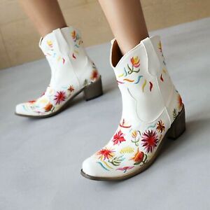 Women Ankle Boots Cowboy Embroidery Floral Square Toe Slip On Riding Boots