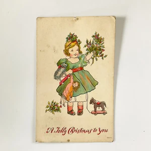 Postcard Jolly Christmas Girl with Doll Horse Pull Toy 1913 Posted 1913 Dispatch - Picture 1 of 7