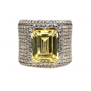 Emerald Cut Canary Yellow Simulated Diamond Ring 14k White Gold Silver Wide Band - Picture 1 of 10