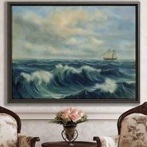 Vintage Seascape Oil Painting Canvas Print Ocean Wall Art Framed Coastal Decor - Picture 1 of 9