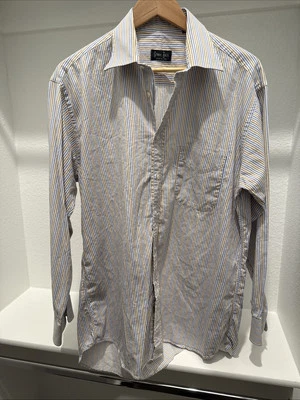 Gitman Bros. Vtg Blue + Gold Stripe Button Up Shirt Size 16-33 Made in USA EUC - Image 1 of 3