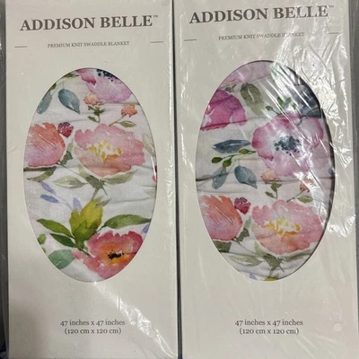 Set Of 2 ADDISON BELLE Premium Knit Swaddle Blankets In Watercolor Floral, NEW - Image 1 of 4