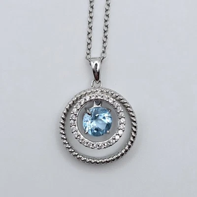 Collar colgante de plata esterlina con topacio azul zafiro blanco halo flotante círculo Foto 1 de 4