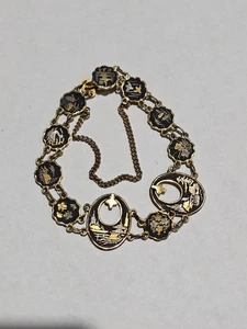 Japanese Damascene Shakudo 11 Paneled Gold & Silver Inlay Bracelet 1940's 5" - Picture 1 of 10