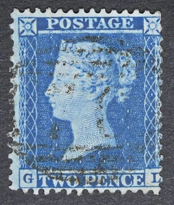 GB SG34 QV 1855 2d blau, Wmk L.Cr, P14, Platte 5, GL, gebraucht - Bild 1 von 2