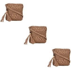 3 Pieces Messenger Bag Women's Vacation Beach Straw Tassel Hand-woven Crossbody - Picture 1 of 12