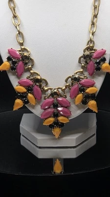 Collar J.Crew Declaración Rosa Amarillo Negro Audaz Grueso Babero Tono Dorado Foto 1 de 4