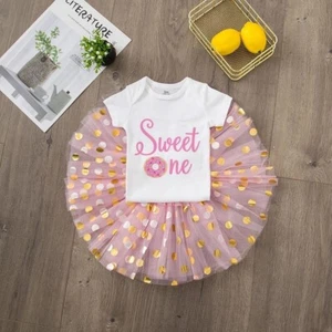 1st First Birthday Outfit Dress Smash Cake Party Tutu Bodysuit Sweet Doughnut - Picture 1 of 1