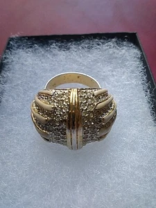 Huge Gold Tone (GP?) Cream Enamel And Rhinestone Cocktail Ring Unsigned -READ - Picture 1 of 20